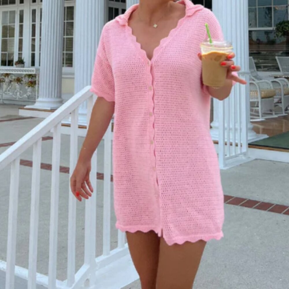 Starfit‎ Crochet Sweater Dress Pink Cover Up Beach Travel Womens Small Medium